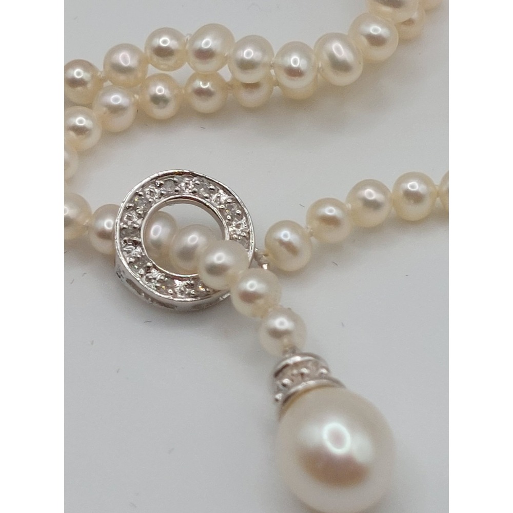 Real Pearl Necklace Y Drop 925 Silver Diamonds Quiet Luxury Vintage Estate Retro